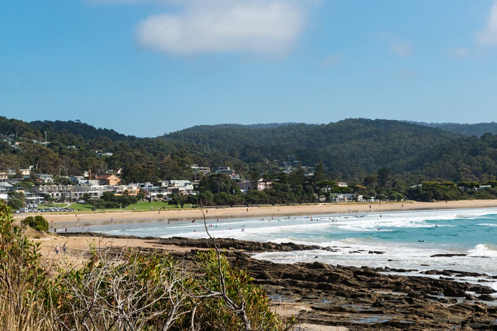 A landscape shot of Lorne bay and town.